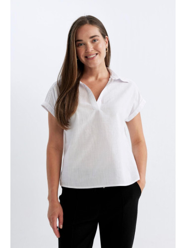 DEFACTO Regular Fit Flared Cotton Polo Neck Short Sleeve Blouse