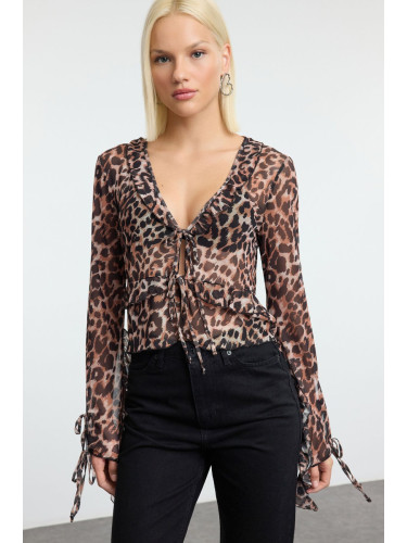 Trendyol Brown Animal Patterned Tie and Ruffle Detailed Regular/Normal Fit Knitted Blouse