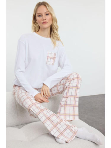 Trendyol White-Multicolor Cotton Plaid Pocket Detailed Knitted Pajamas Set