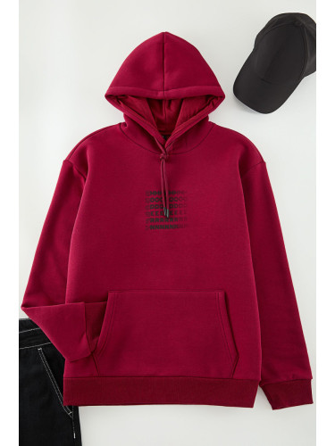 Trendyol Red Oversize/Wide Cut Hooded Labyrinth Print Fleece Cotton Sweatshirt