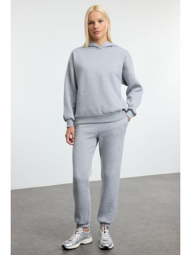 Trendyol Gray Melange Thick Fleece Hooded Oversize/Comfortable Cut Knitted Tracksuit Set