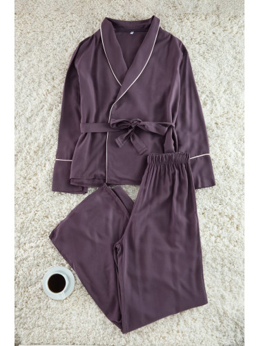 Trendyol Plum Belted Piping Detailed Double Breasted Viscose Woven Pajama Set