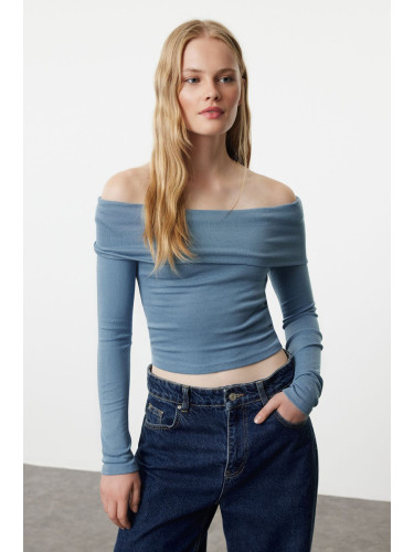 Trendyol Indigo Carmen Collar Crop/Short Stretchy Knitted Blouse