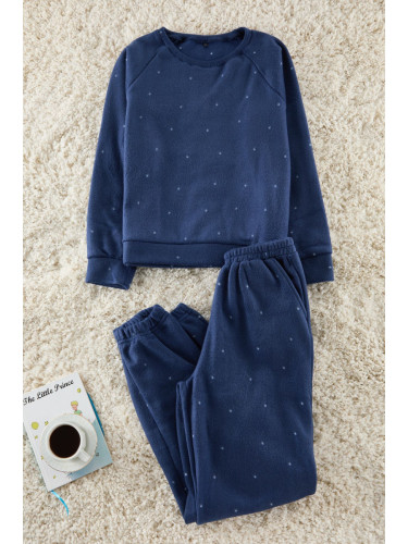 Trendyol Navy Blue Polka Dot Fleece Winter Knitted Pajamas Set