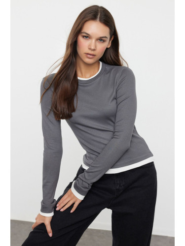 Trendyol Anthracite Color Block Fitted Viscose/Soft Fabric Stretchy Knitted Blouse