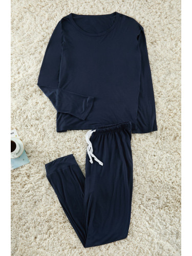 Trendyol Curve Navy Blue Crew Neck Premium Bamboo Knitted Pajamas Set