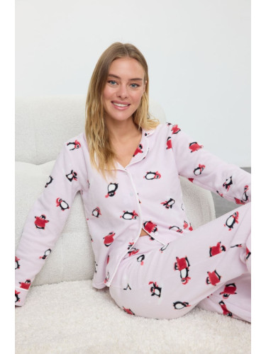 Trendyol Pink Penguin Patterned Piping Detailed Polar Winter Knitted Pajama Set