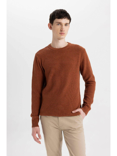 DEFACTO Men's Dark Orange Standard Fit Regular Cut Crew Neck Textured Basic Knitwear Sweater