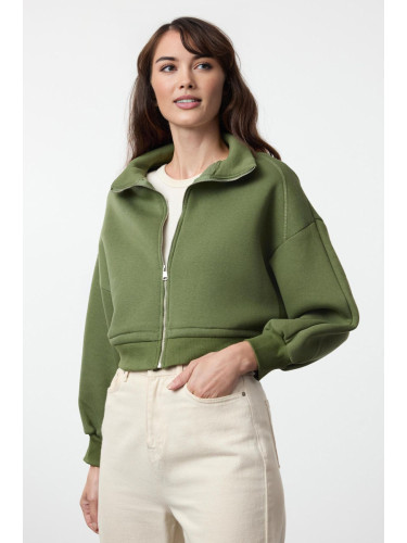 Trendyol Khaki Regular/Normal Pattern Zippered Thick Inside Fleece Knitted Sweatshirt