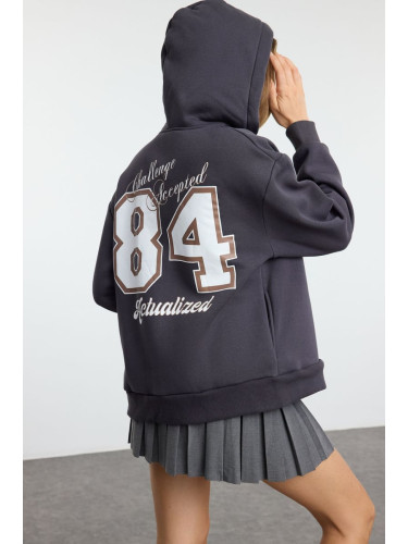 Trendyol Anthracite Slogan and Back Printed Oversize Hooded Knitted Sweatshirt