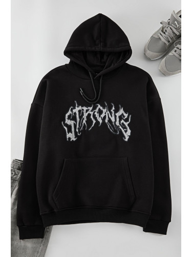 Trendyol Black Oversize/Wide Cut Fleece Hooded Sweatshirt with Text Embroidery