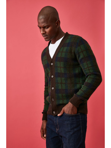 Trendyol Green FL Men's Regular V Neck Plaid / Checked Knitwear Cardigan