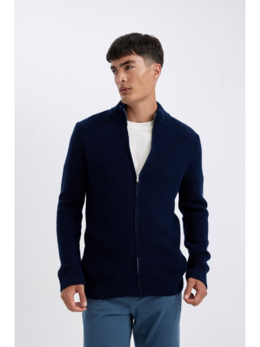 DEFACTO Men's Navy Blue Standard Fit Regular Cut Half Turtleneck Zippered Waffle Cardigan