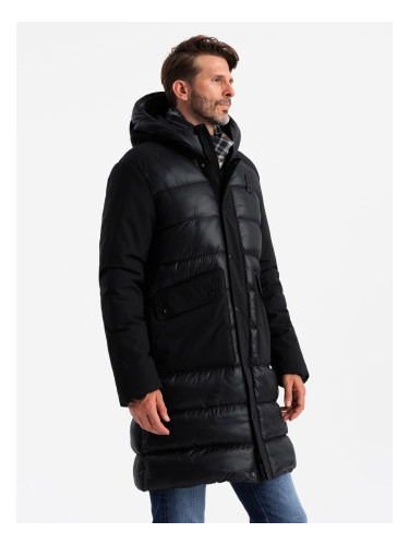 Ombre Men's long quilted jacket with large pockets - black