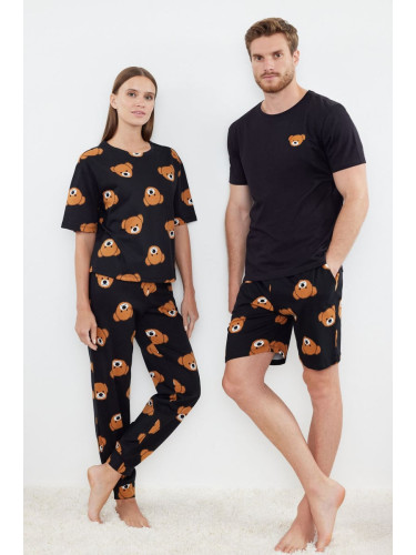 Trendyol Black Couple Regular Fit Teddy Bear Patterned 100% Cotton Shorts Pajama Set