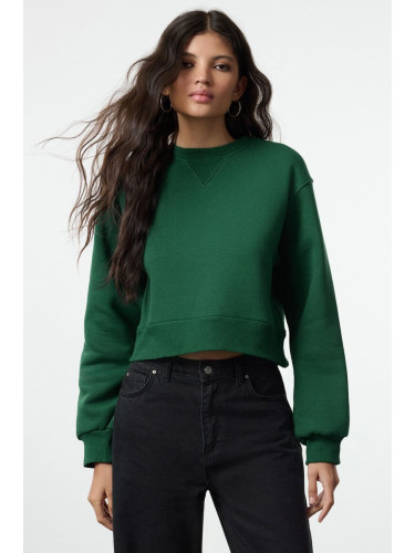 Trendyol Green Thick Fleece Relaxed/Wide Fit Crop Basic Knitted Sweatshirt