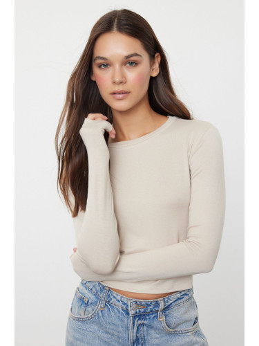 Trendyol Stone Premium Viscose Crew Neck Crop Stretchy Knitted Blouse