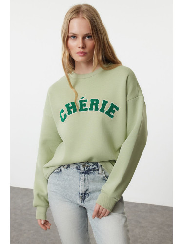 Trendyol Mint Thick Polar Fleece Embroidered Slogan Oversize/Relaxed Cut Knitted Sweatshirt