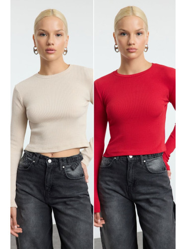 Trendyol Red-stone 2 Pack Fitted Crew Neck Ribbed Crop Stretchy Knitted Blouse