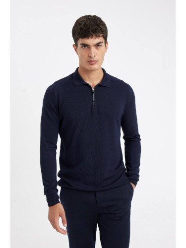 DEFACTO Men's Navy Blue Standard Fit Regular Cut Stand Collar Semi Zipper Knitwear Sweater