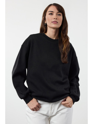 Trendyol Black-Indigo Oversize/Wide Pattern Crew Neck Thick Polar Fleece Knitted Sweatshirt