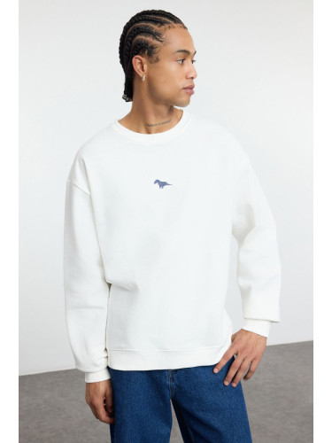 Trendyol Ecru Crew Neck Oversize/Wide Cut Polar Fleece Inside Dinosaur Embroidery Sweatshirt