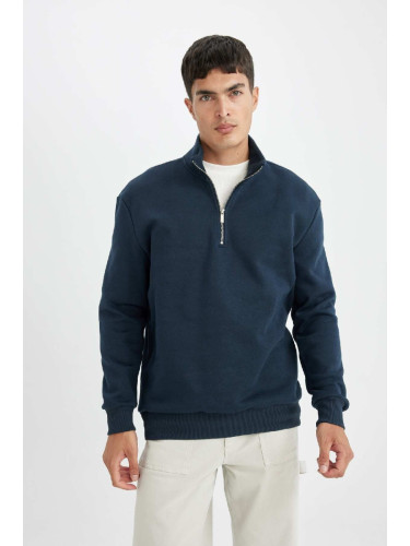 DEFACTO Men's Navy Blue Comfort Fit Stand Collar Zippered Thick Basic Plain Sweatshirt