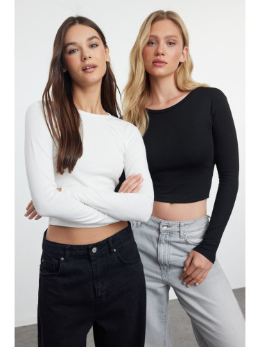 Trendyol Black-Ecru Double Pack Crop/Short Fitted Knitted Blouse