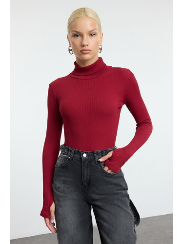 Trendyol Burgundy Fitted Turtleneck Finger Detailed Ribbed Stretchy Knitted Blouse