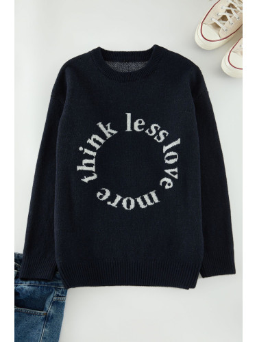 Trendyol Navy Blue Oversize Crew Neck Slogan Knitwear Sweater