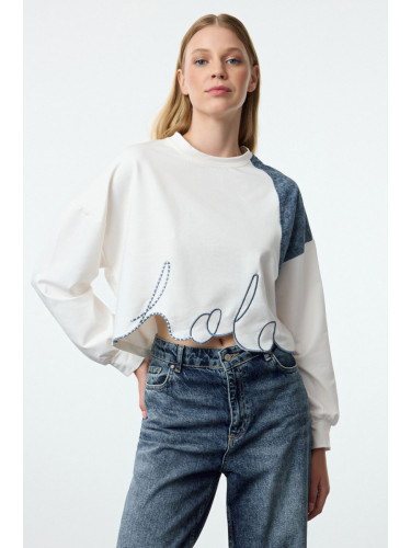 Trendyol Ecru Denim Garni and Embroidery Detail Crop/Short Relaxed Knitted Sweatshirt