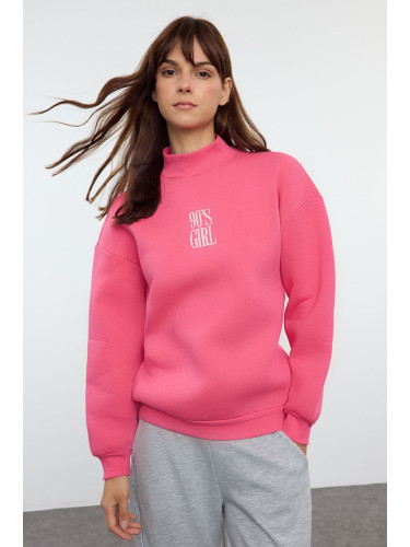 Trendyol Fuchsia Thick Inside Polar Slogan Embroidered Stand Collar Regular/Normal Cut Knitted Sweatshirt