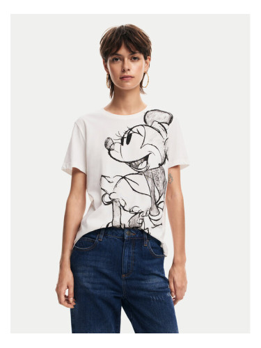 Desigual Тишърт Mickey Drawing 24WWTKA1 Екрю Regular Fit