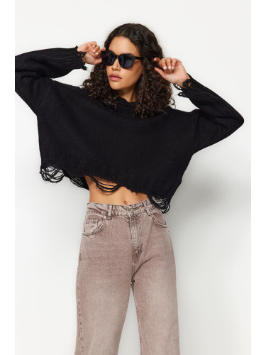 Trendyol Black Crop Super Wide Fit Soft Textured Knitwear Sweater