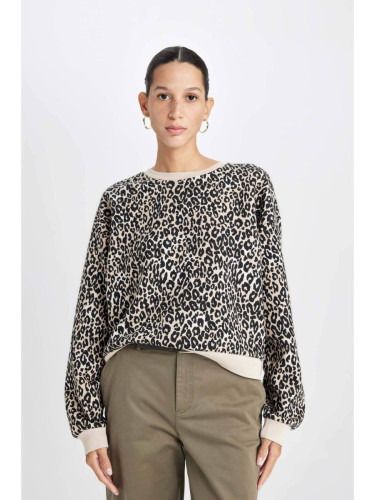 DEFACTO Women's Boxy Fit Crew Neck Leopard Patterned Thick Sweatshirt