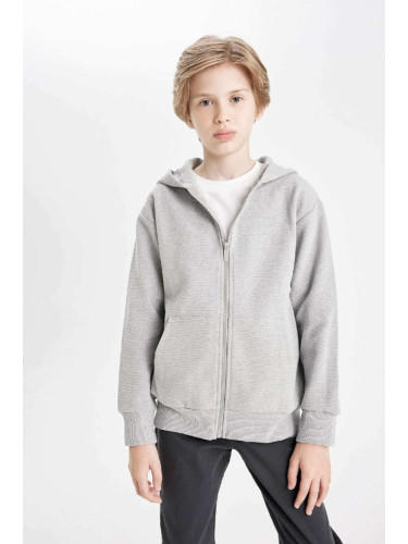 DEFACTO Boy's Basic Gray Hooded Zippered Pocket School Cardigan