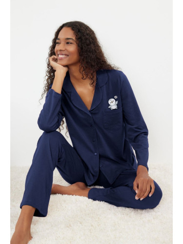 Trendyol Navy Blue 100% Cotton Penguin Printed Knitted Pajama Set