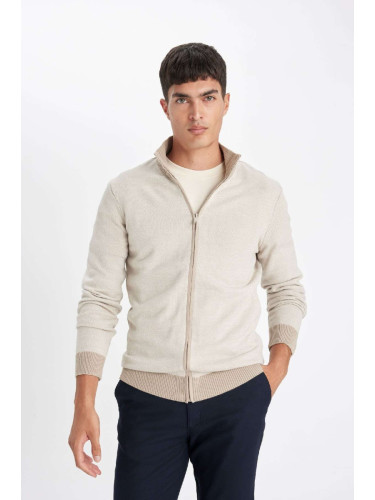 DEFACTO Men's Beige Standard Fit Regular Cut Stand Collar Zippered Jacquard Cardigan