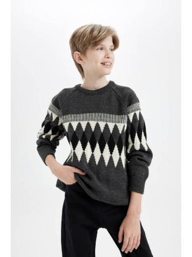 DEFACTO Boy Regular Fit Crew Neck Diamond Patterned Knitwear Sweater