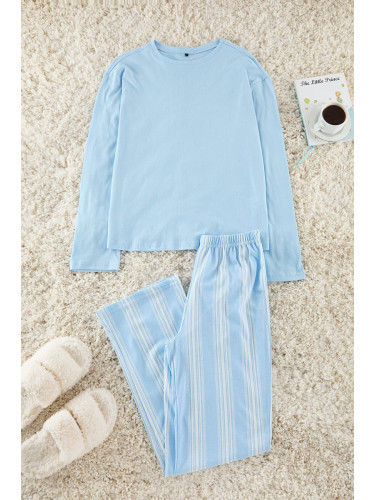 Trendyol Blue 100% Cotton Striped Knitted Pajama Set