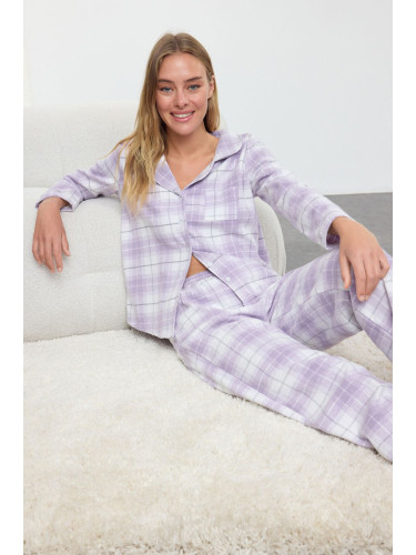 Trendyol Lilac Cotton Plaid Pocket Detailed Woven Pajamas Set