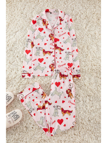 Trendyol Pink-Multicolored 100% Cotton Dog Patterned Piping Knitted Pajama Set