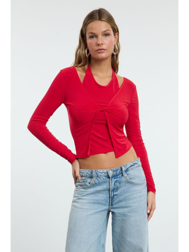 Trendyol Red Fitted Flexible Knitted Blouse with Athlete Look Inside