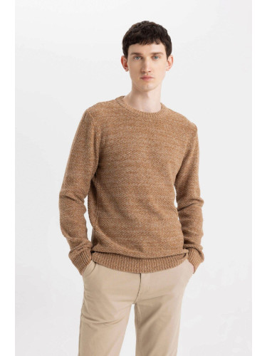 DEFACTO Men's Brown Standard Fit Regular Cut Crew Neck Textured Basic Knitwear Sweater