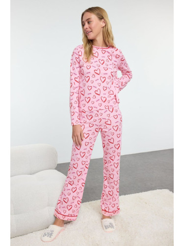 Trendyol Pink-Multicolor 100% Cotton Heart Piping Detailed Knitted Pajamas Set