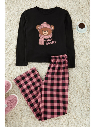 Trendyol Black 100% Cotton Teddy Bear Printed Plaid Knitted Pajama Set