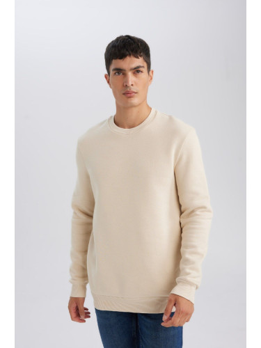 DEFACTO Beige 3 Thread Cotton Raised Polar Fleece Regular Fit Crew Neck Thick Sweatshirt