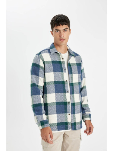 DEFACTO Men's Navy Blue Regular Fit Regular Cut Buttoned Checked Lumberjack Flannel Long Sleeve Shirt