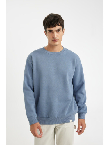 DEFACTO Men's Blue Oversize Fit Crew Neck Thick Fabric Basic Plain Sweatshirt