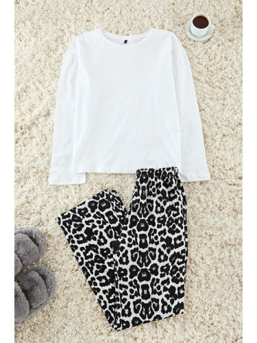 Trendyol White-Black 100% Cotton Leopard Patterned Knitted Pajama Set